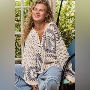 🌺Last One🌺 POL Hoodie SOFT Knit Patchwork Cardigan Sweater Button Artisan Boho